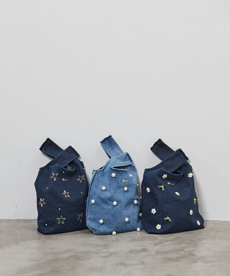 FLOWER BIJOU DENIM FABRIC BAG